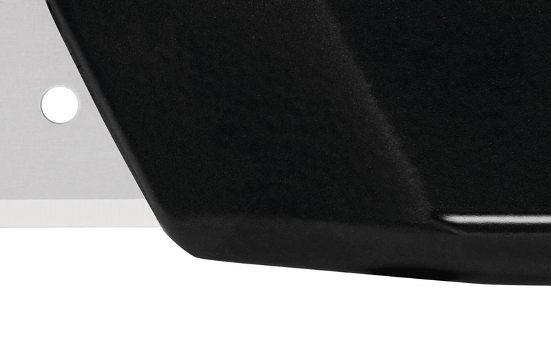 Close-up showing the robust, reinforced metal front section of the utility knife